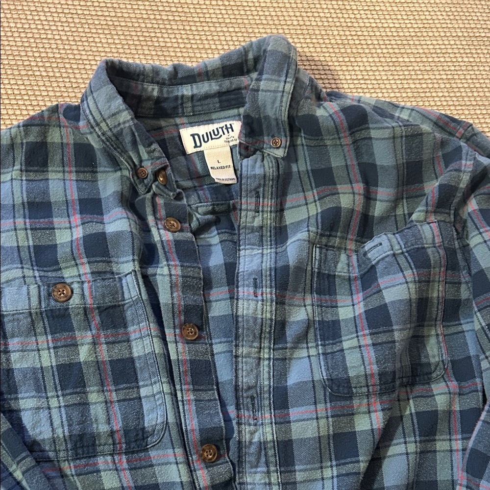Duluth Trading Co Men's Green and Blue Plaid Shirt